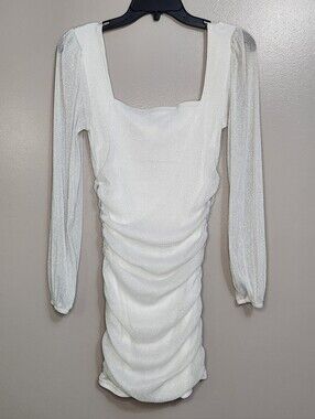 Vine & Valley White Sparkle Ruched Long-Sleeve Mini Dress Size Small